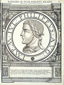 Iulius Philippus, illustratie uit Imperatorum romanorum omnium orientalium et occidentalium verissimae imagines ex antiquis numismatis, houtsnede door Rudolph Wyssenbach, gedrukt door Andreas Gesner, Zürich